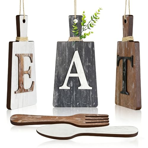 Wooden Eat Sign Cutting Board Set with Fork and Spoon Wall Decor - Rustic Farmhouse Kitchen Wall Art for Home Decoration (White, Grey, Brown)