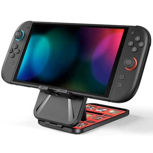 Younik Soporte Switch, Soporte para Switch 2/NS Switch/Switch OLED/Switch Lite, Plegable, Antideslizante y Ajustable en 3 Alturas, Almacenamiento para 4 Tarjetas SD, 9 Tarjetas de Juego (Negro)