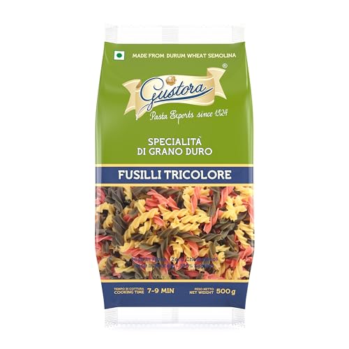 Image of Gustora Fusilli Tricolore Pasta, 1kg (Pack of 6 x 500g) | 100% Durum Wheat Semolina (Suji) Pasta with Natural Colours from Spinach & Tomato Extracts | Bronze-Cut | Cooks Al Dente | Zero Maida | Eggless | Vegetarian