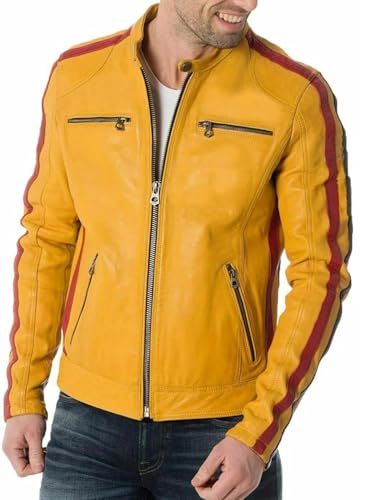 NEMS Men Pure Lambskin Yellow Leather Biker Motorcycle Café Racer Stripe Jacket Coat