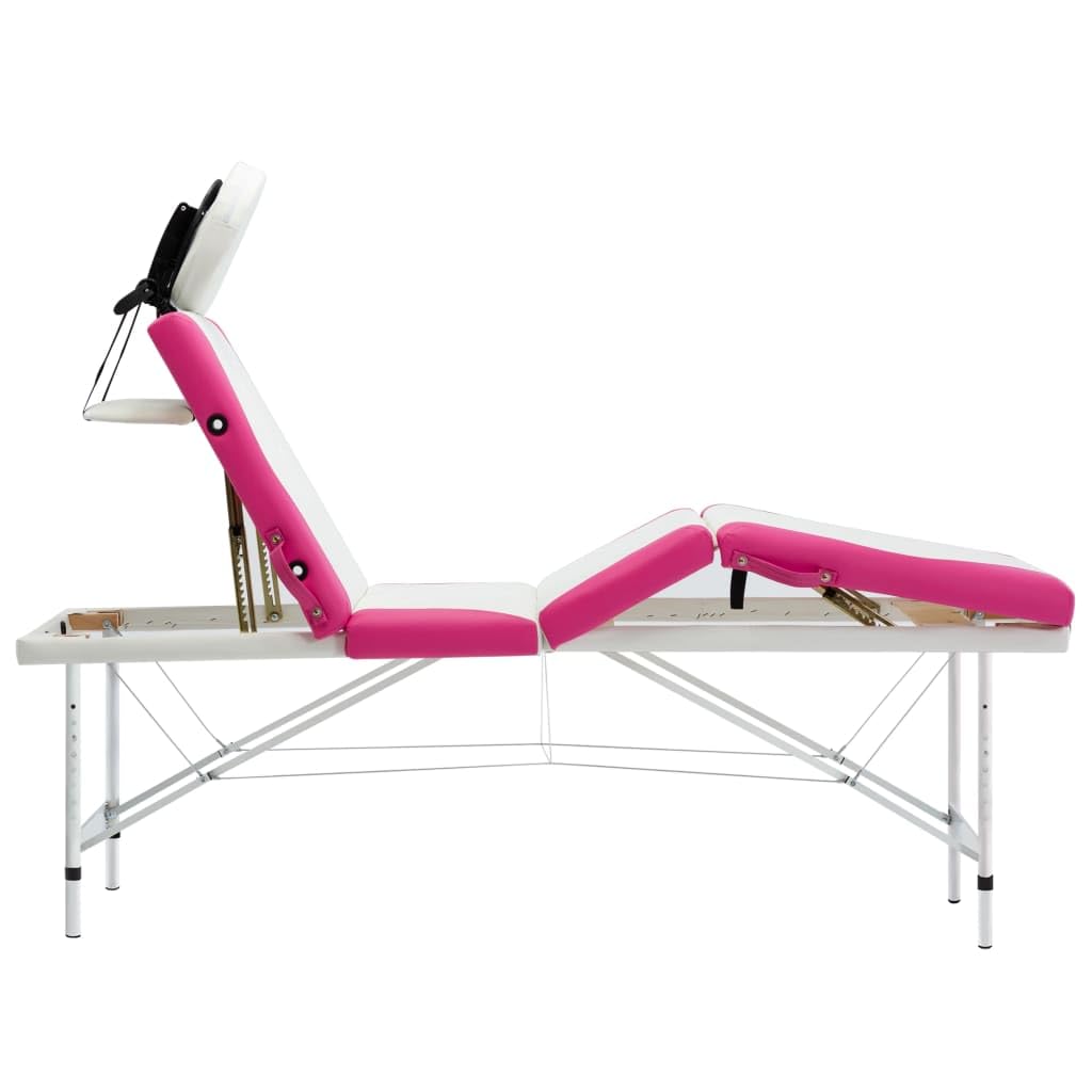 vidaXL Camilla de Masaje Plegable 4 Zonas Mesa Cama de Centro Estético Portátil Ajustable Acolchada Profesional Cómodo Aluminio Blanco y Rosa