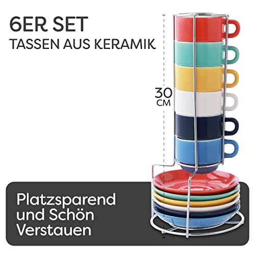 LUKA Espressotassen-Set – 6 Keramiktassen Mit Untertassen & Metallständer, 118 Ml, Marmoriergrau