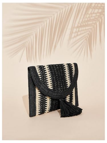Image of OYOANGLE Women's Color Block Woven Clutch Bag Straw Fringe Flap Small Striped Boho Purse Handbags