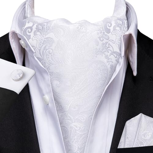 Image of Hi-Tie Silk Ascot for Men Self Tie Men's Cravat and Flower Lapel Pin Handkerchief Cufflinks Set for Wedding Party