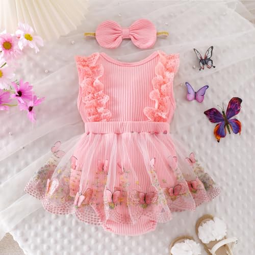 Baby Girl Clothes Infant Summer Outfits Cute Butterflies Mesh Ruffle Sleeveless Romper Headband Set 0-12 Months3