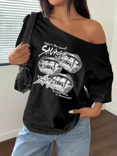 Image of SXV STYLE Women's Off Shoulder t Shirt, Savage Lips Graphic Print, Long Sleeve, White and Black