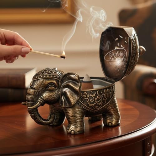 Image of Trunk Down Elephant Incense Cone & Loban Burner, Antique Bronze, Handmade Luxury, Decorative Figurine, Gift Box Pack, Traditional Dhoop Batti Dhuni, Holder