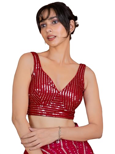 Image of FIGURE'S DESIGNER Women's Sequin Embroidered SabyaSachi Cut Sweetheart V Neck Sleeveless Readymade Saree Blouse E30