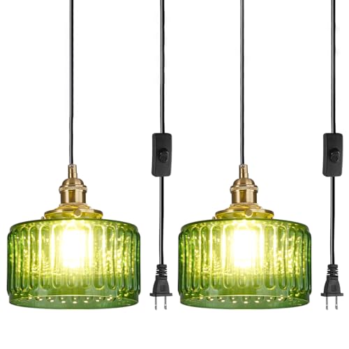 Qufute Vintage Plug in Pendant Light Fixture - Small Green Striped Glass Shade Adjustable Modern Hanging Lamp with Plug in Cord On/Off Switch Swag Pendant Lights for Kitchen Living Room