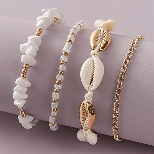Image of Shell Bracelet Anklets For Women Boho Layered Shell Anklet Set Beaded Foot Chain Anklet Bracelets Adjustable Handmade Seashell Foot Chains Beach Jewelry Gift