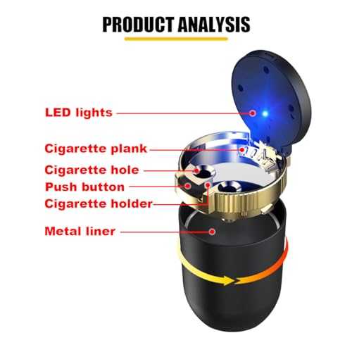 Image of Car Ashtray with Lid Smell Proof, Detachable Stainless Smokeless Ash Tray with LED Blue Light, Portable Mini Car Trash Can, Windproof Auto Ashtray Cup Holder for Car Home Outdoor Travel (Gold)