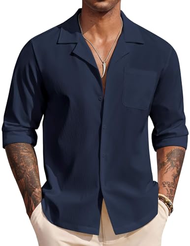Image of DEELMO Mens Casual Button Down Shirt Summer Beach Shirts Long Sleeve Cuban Collared Tropical Textured Shirts