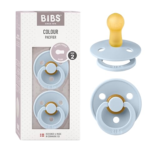 BIBS Colour Soother 2-Pack, BPA Free Dummy Pacifier, Round Nipple. Natural Rubber Latex, Made in Denmark, Size 2 (6-18 Months), Baby Blue