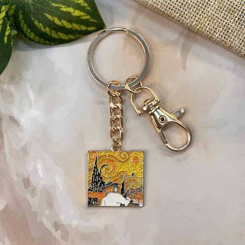 Image of Van Gogh Keychain for Men & Women, Starry Night & Wheatfield Painting Aesthetic Keychains, Handcrafted, Durable Anti-Tarnish Metal Key Ring for Car, Bike, Travel, Bags, Gifting