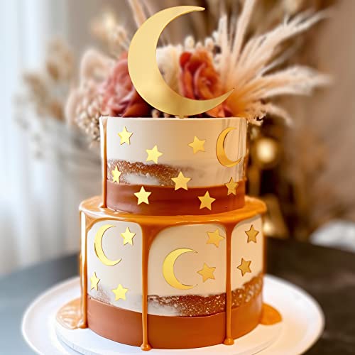 Huray Rayho 27 Pcs Moon Star Cake Toppers Acrylic Cake Decorations Twinkle Twinkle Little Star Celestial Cake Charms Mirror Gold For Over The Moon Baby Shower Wedding Birthday Party #TOP4