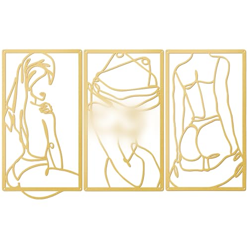 Peryiter 3 Pcs Modern Minimalist Wall Decor Abstract Metal Wall Art Metal Line Art Woman Body Artwork for Bedroom Bathroom Living Room(Gold)