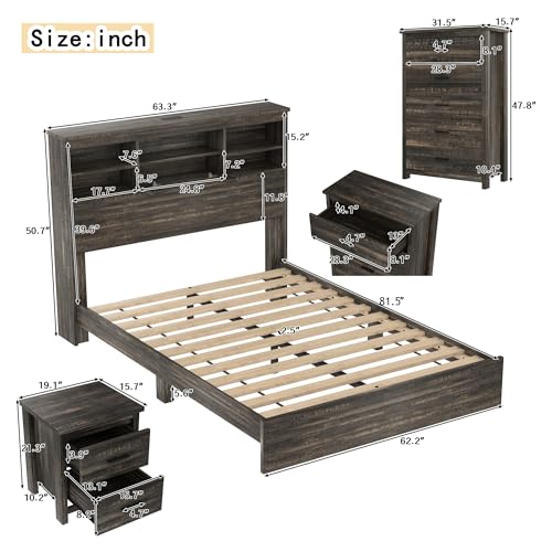 Image of Merax 4-Pcs Queen Size Bed Frame Dresser Night Stand Bedroom Set, Platform with USB Charging Ports Storage Headboard & 1 x 5 Drawers Cabinet & 2 x Nightstands, Wooden, Antique Grey