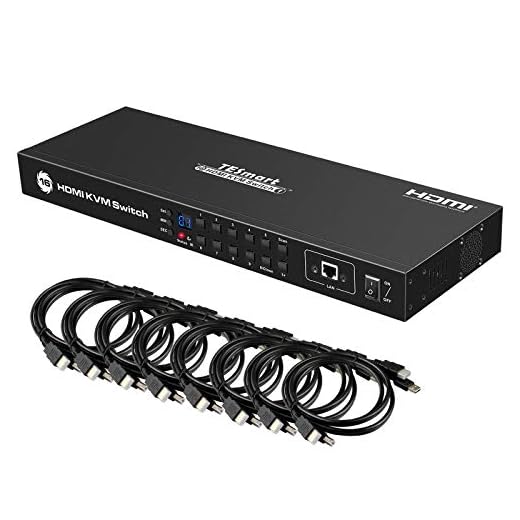 TESmart 4K UHD 16 Ports HDMI KVM Switch, Console Rack Mount Switch with 8 Pcs 5ft KVM Cable, USB 2.0 Device 16 Port Inputs, Control up to 16 Computers/Servers, with RS232 and LAN Port
