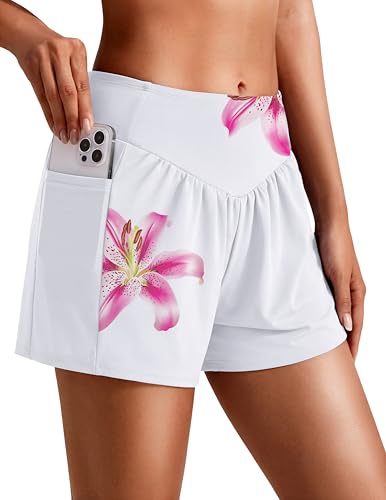 Ekouaer Womens 3 Board Shorts High Waisted Swim Shorts Swimsuit Bottoms Beach Shorts with Pockets S-2XL