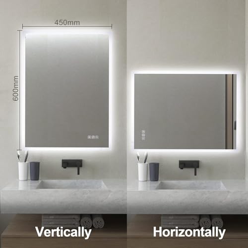 furduzz Illuminated Backlit LED Bathroom Mirror, 600x450mm Wall Mounted Multifunction Bathroom Vanity Mirror with Touch Button 3 Colour Light Dimmable Anti Fog Make Up Mirror, Vertical/Horizontal - Image 7