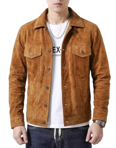 Image of Premium Brown Suede Trucker Leather Jacket Mens | Shirt Collar, Button Front, Chest Flap Pockets, Cuff Buttons, Waist Tab Adjusters, Polyester Lined, Inside Pocket