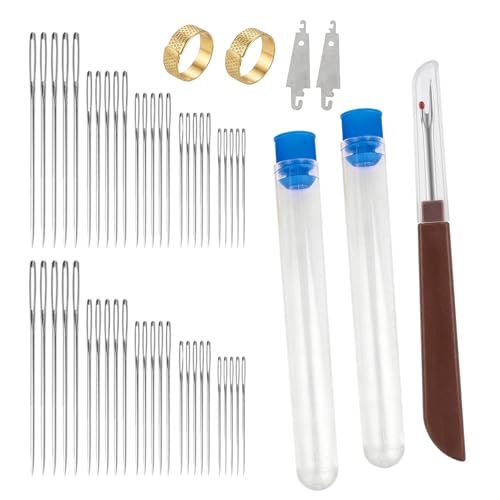 57PCS Big Eye Stainless Steel Needle Set Sewing Needles Easy Thread 50 Steel Portable Hand Sewing Needles 2 Needle Threader 2 Thimble & 1 Thread Ripper for Beginners & Craft Lovers