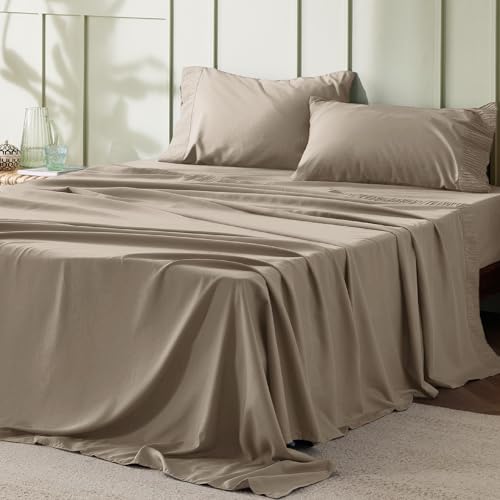 Image of Bedsure Full Size Bed Sheets - 4 Pieces Soft Full Sheet Set - Breathable & Cooling - Hotel Luxury - Easy Care Polyester Microfiber Bedding for Women, Men, Light Khaki