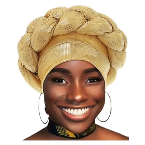 Woeoe Gold Auto Gele Pre-Tied African Head Wraps Braid Twisted Rhinestone African Hats Church Turban for Women Cover