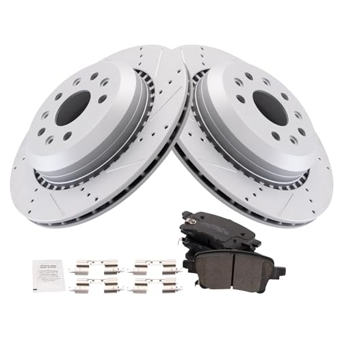 Image of TRQ Performance Rear Brake Pad and Rotor Set Ceramic Coated Drilled Slotted Rotors Compatible with 2020-2023 Jeep Gladiator 2021-2022 Wrangler