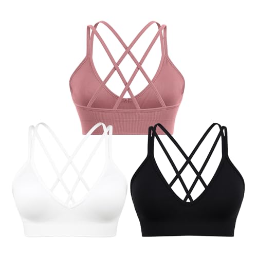 Image of Sports Bra for Women V-Neck Strappy Criss Cross Yoga Bra Padded Medium Support Workout Gym Athletic Fitness Bras 3 Pack