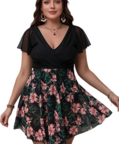 Traje de baño adelgazante de una sola pieza con falda triangular para mujer, Negro, XXL