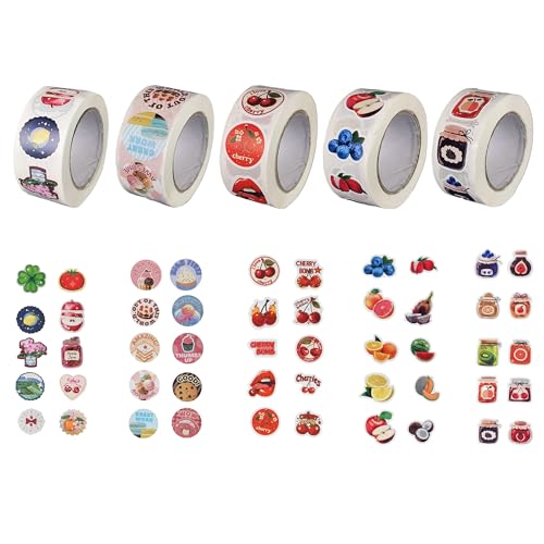 5 Rolls of Delicious Food Stickers, 2500pcs Stickers with Farmhouse jam, Colorful Fruits, Cherry, Dessert Slogans for Scrapbook Journal Envelope Card Making Gift Wrapping Party Favors (Fruit)