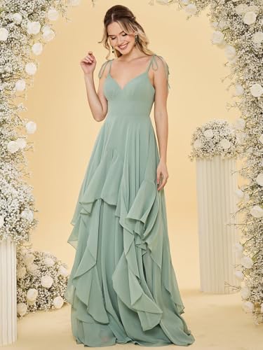Women’s V Neck Chiffon Bridesmaid Dress A Line Spaghetti Straps Long Tiered Ruffles Formal Evening Party Gown3