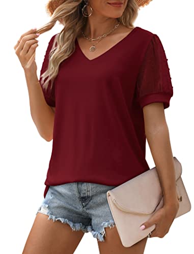 Image of Aokosor Womens Summer Tops V Neck T Shirts Swiss Dot Puff Sleeve Tops Loose Casual Tshirts
