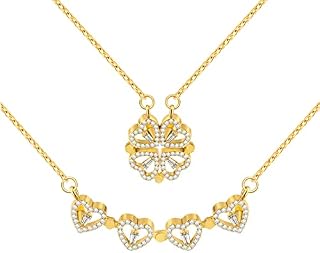 VU100 2 in 1 Four Leaf Clover Necklace Charm Lucky Delicate Necklace Heart Magnetic Pendant Crystal Sparkle Necklace Jewellery Gift for Women Girlfriend (Silver/Gold)