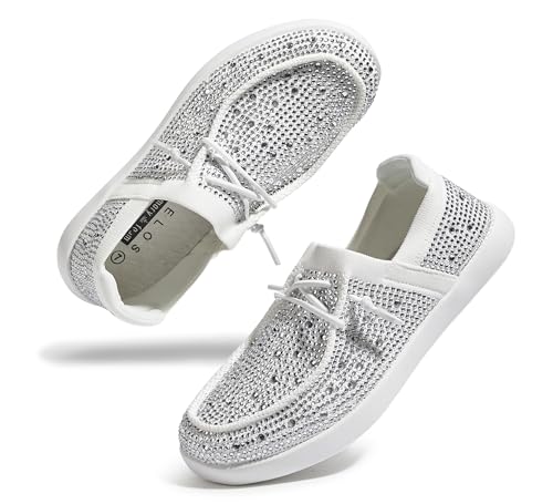 Image of BELOS Women's Rhinestone Lace Up Loafers Shoes Comfortable Slip On Mesh Knit Walking Shoes Fashion Lightweight Sparkly Glitter Sneaker