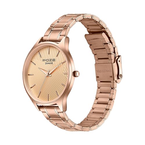 Image of Sonata Golden Hour Quartz Gold Round Dial Women's Watch | Stainless Steel Material | Multi Color Band - SP80111WM03