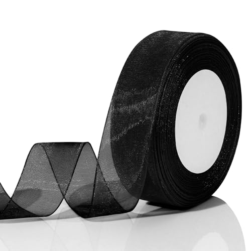 Black Ribbon Gift Wrapping - 1 Inch 50 Yards Sheer Tulle Organza Wired Ribbon for Flower Bouquets Crafts Hair Party Decorations DIY Wedding & Graduation