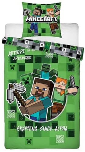 Parure de Lit Minecraft Adventure Vert, Housse de Couette Réversible 140x200 cm, Taie d'oreiller 63x63 cm, avec Creeper, Steve et Alex. Textile Oeko-Tex. pour Lit 1 Personne.