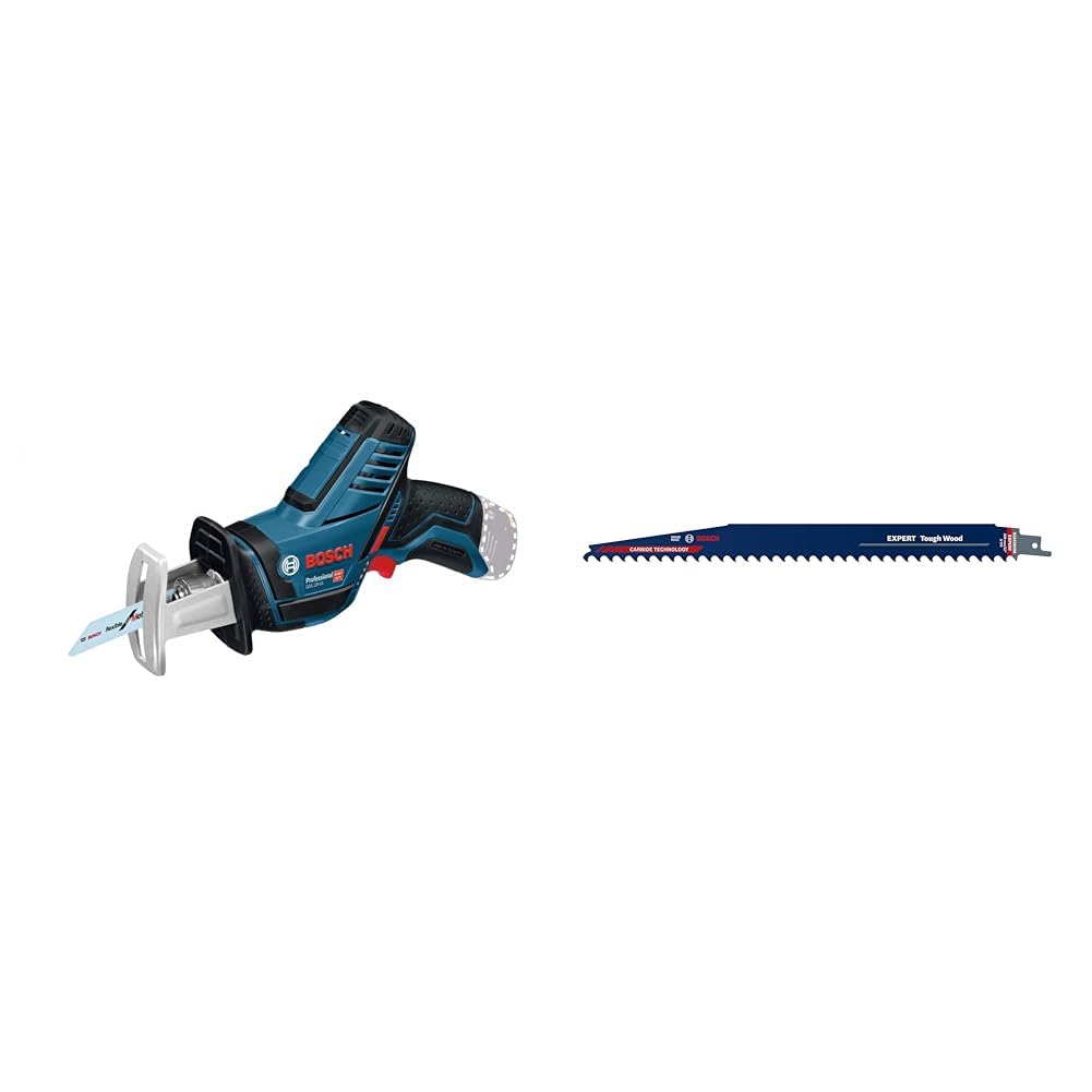 Bosch Professional Scie-sabre GSA 12 V-14 Batteries ZB (65mm, sans batterie, sans chargeur) + 1x Lame de scie sabre Expert `Tough Wood` S 1242 KHM (Bois traité sous pression, Bois de chantier, 300 mm)