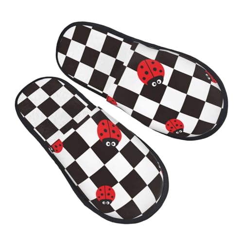 Ladybugs Of Black And White Checkers Print Women Slippers Home Furry Shoes Keep Men Couples Shoes Warm For Women-2