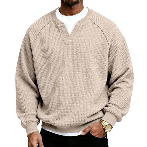 Long Sleeve Waffle Shirt Men Thermal Cozy V Neck Sweater Fall Outfits L - image 6
