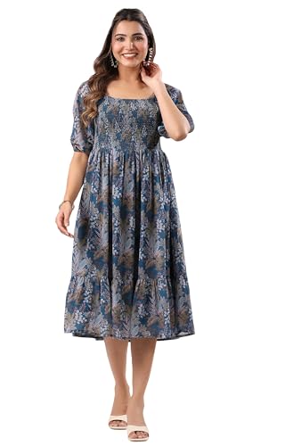 Image of Janasya Women's Teal Georgette Floral Printed Tiered Dress