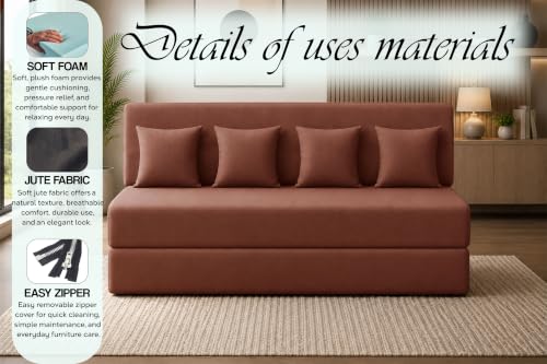 Image of Sofa Cum Bed with Jute Fabric, Convertible Four Seater Sofa Bed 6x6 Ft, Comfortable Cushioned Seating, Space Saving Design for Living Room, Bedroom & Guest Room - Brown Color