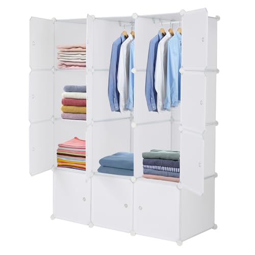 12 Cube Storage Organizer, Stackable Storage Shelves with Hanging Rod Customizable Closet Cabinet Durable Steel Frame Multi-Use DIY Design 13.8 inch Panels Max 10lb Capacity per Cube White