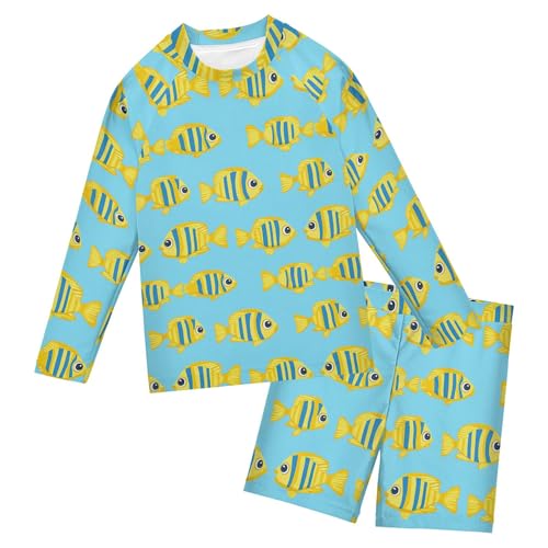 Cute Fish Boys Rash Guard Swimsuits Set for Boys 2 Piece Long Sleeve Swim Shirts Bathing Suits with Trunks B0404670