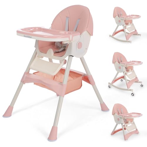 Image of Sunchildor 4 in 1 Foldable Baby High Chair with Removable Tray, Safety Belt, Footrest and Wheels, Convertible Toddler High Chair, Pink