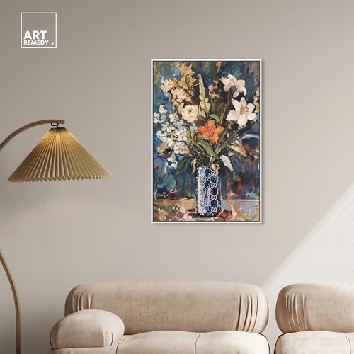 Image of Art Remedy Blue Floral Vase Canvas Floral Vase Wall Art, White Frame, 24 inch x 36 inch