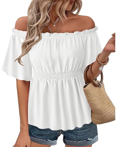 Bebonnie Off The Shoulder Tops for Women: Short Sleeve Sexy Chiffon Blouses - Summer Wedding Guest Dress Shirts - Baby Shower Formal Cocktail Evening Outfits for Guest White M