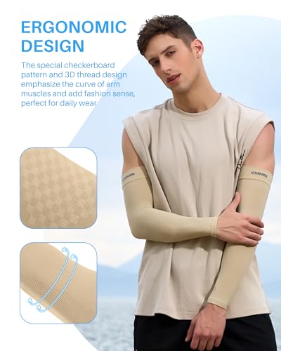 KMMIN Arm Sleeves UV Protection for Driving Cycling Golf Basketball Warmer Cooling UPF 50 Sunblock Protective Gloves for Men Women Adults Covering Tattoos, Navy/Beige - Thumbnail 6